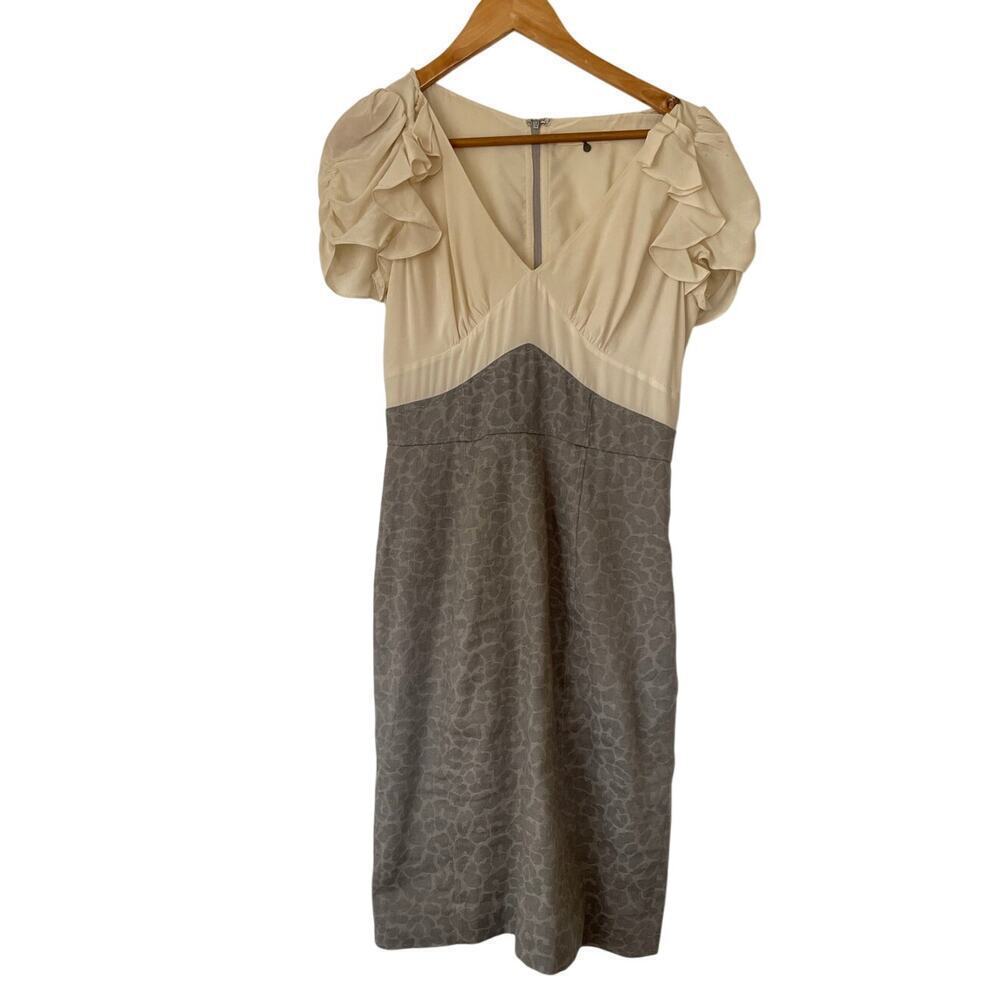 Rebecca Taylor Cream and Gray Cotton Linen Blend Leopard Silk Top Dress • Sz 8